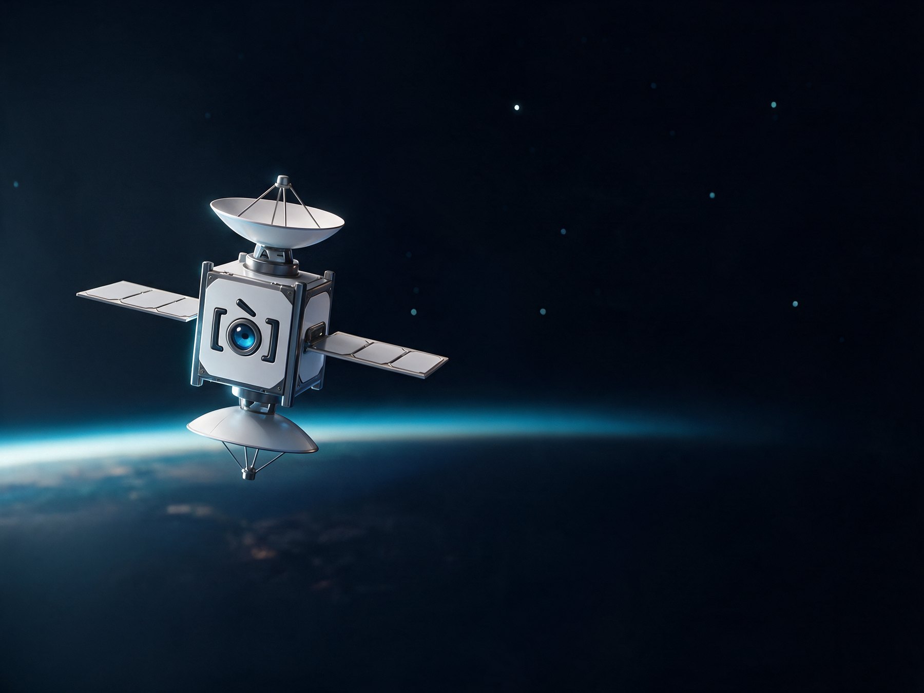 A satellite carrying the Orbinty mark, above a blue planet horizon